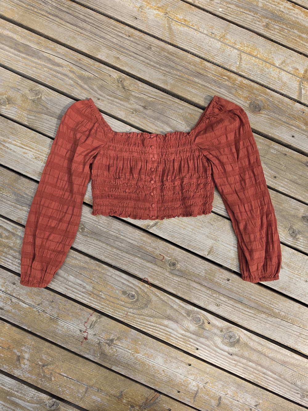 Gianni Bini Blouse Rust Red Smocked Peasant Crop Top - Women's Large